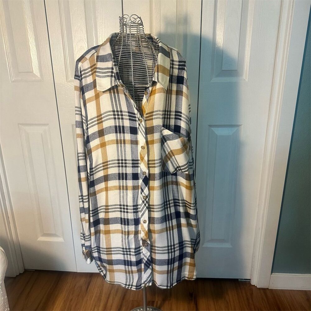 DEX Women's 3XL Plaid Button-Up Shirt Gold Navy White Casual Fall